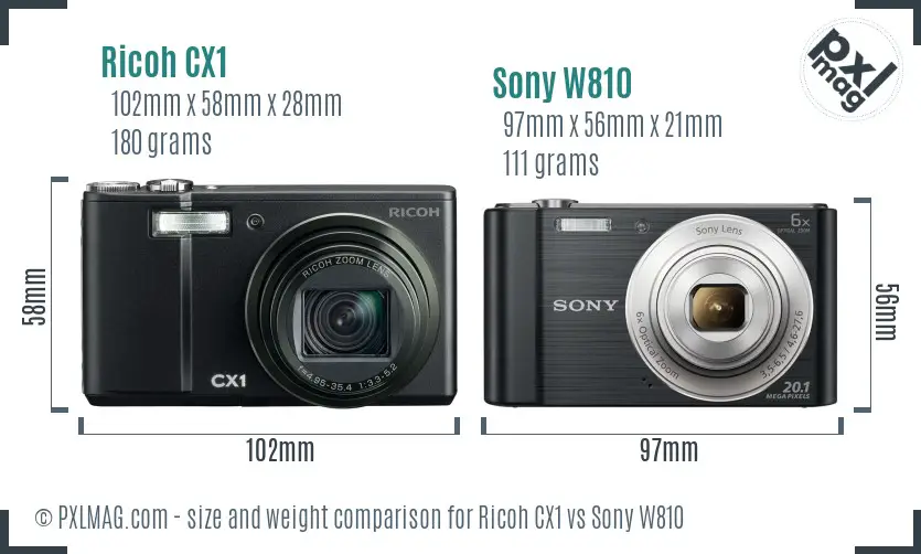 Ricoh CX1 vs Sony W810 size comparison