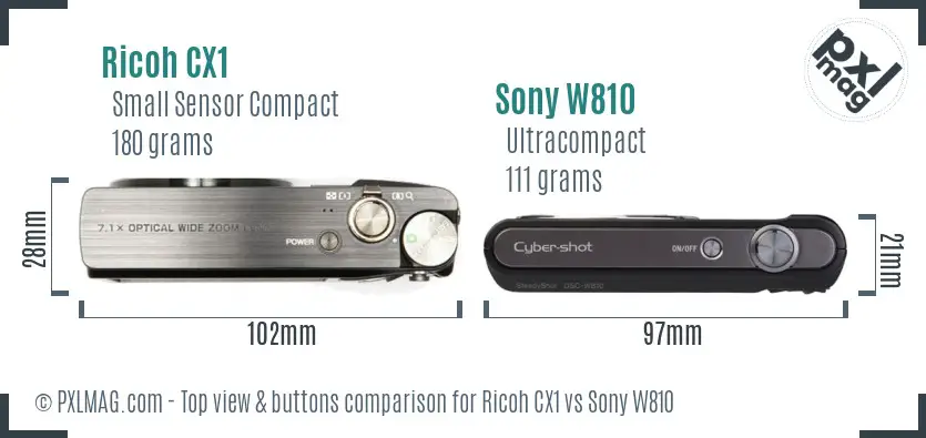 Ricoh CX1 vs Sony W810 top view buttons comparison