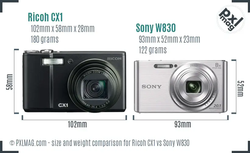 Ricoh CX1 vs Sony W830 size comparison