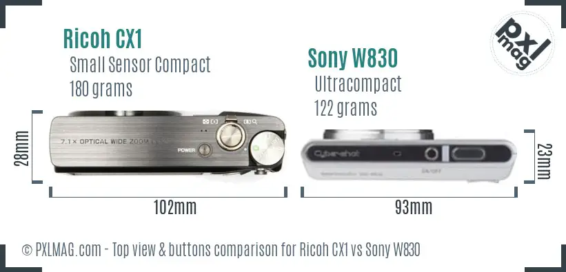 Ricoh CX1 vs Sony W830 top view buttons comparison