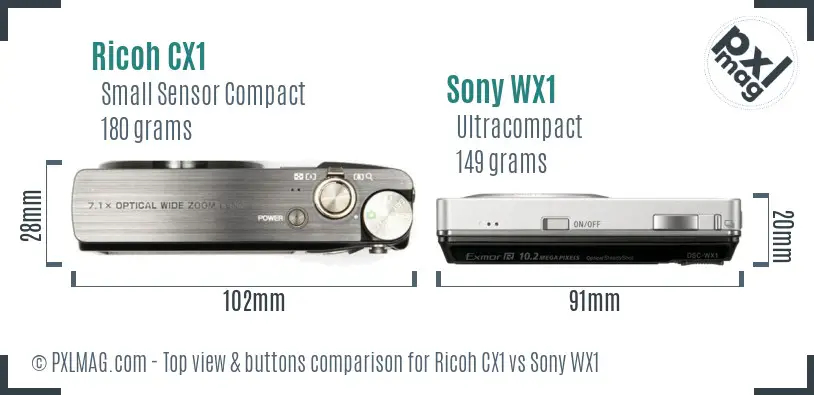 Ricoh CX1 vs Sony WX1 top view buttons comparison