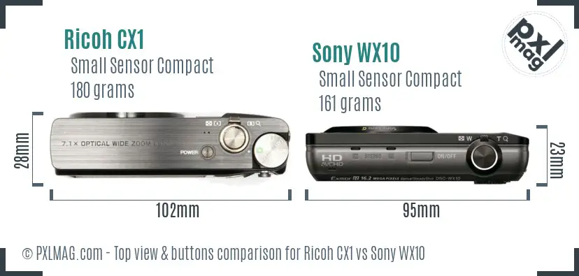 Ricoh CX1 vs Sony WX10 top view buttons comparison