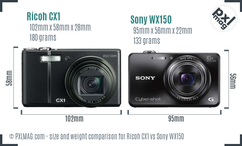 Ricoh CX1 vs Sony WX150 size comparison