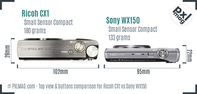 Ricoh CX1 vs Sony WX150 top view buttons comparison