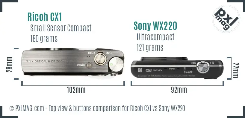 Ricoh CX1 vs Sony WX220 top view buttons comparison