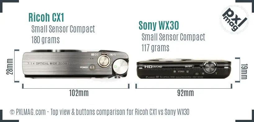 Ricoh CX1 vs Sony WX30 top view buttons comparison