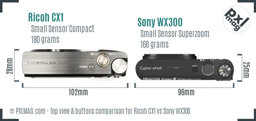 Ricoh CX1 vs Sony WX300 top view buttons comparison