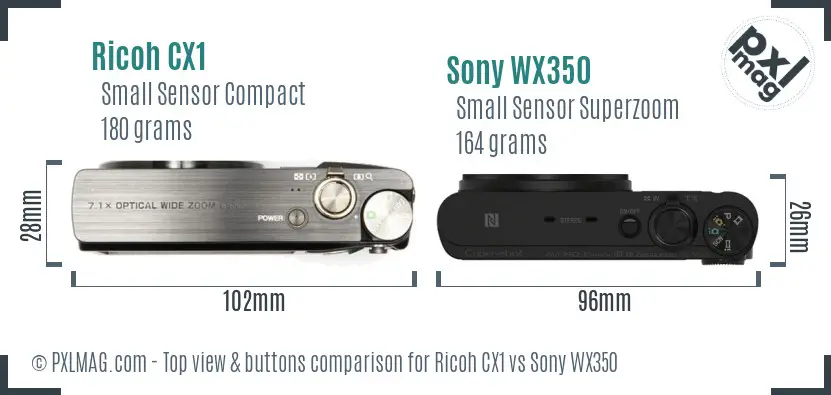 Ricoh CX1 vs Sony WX350 top view buttons comparison