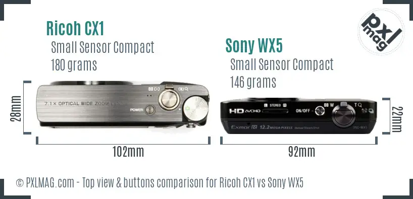 Ricoh CX1 vs Sony WX5 top view buttons comparison