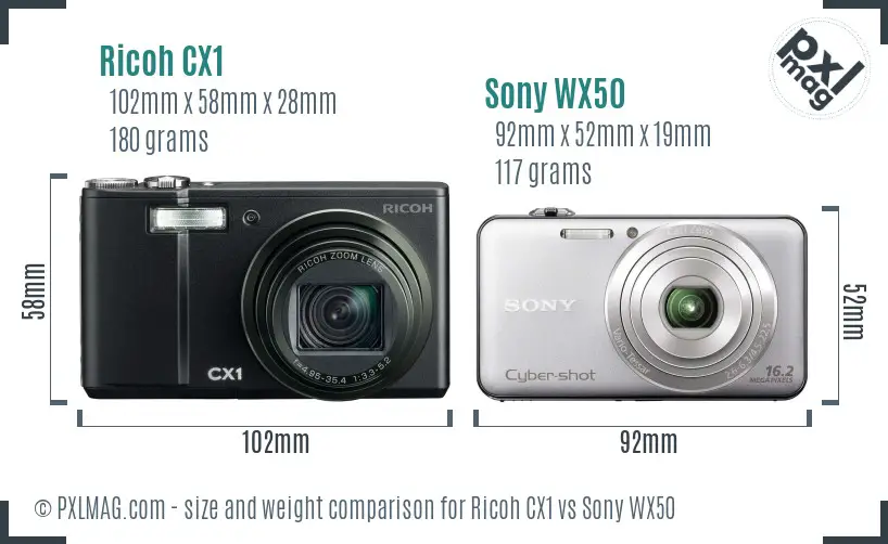 Ricoh CX1 vs Sony WX50 size comparison