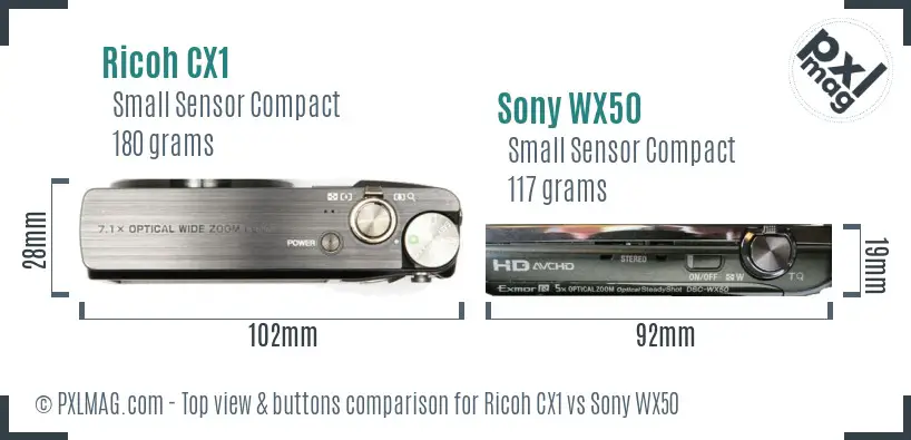 Ricoh CX1 vs Sony WX50 top view buttons comparison