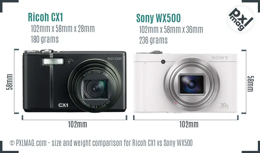 Ricoh CX1 vs Sony WX500 size comparison