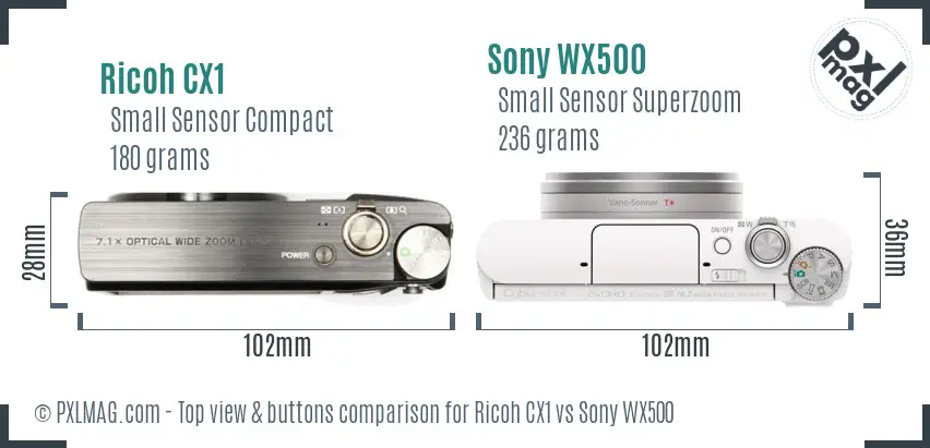 Ricoh CX1 vs Sony WX500 top view buttons comparison