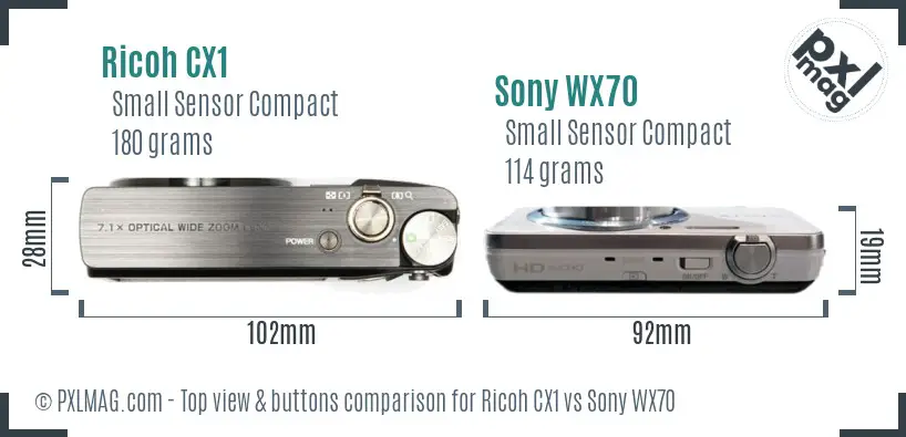 Ricoh CX1 vs Sony WX70 top view buttons comparison