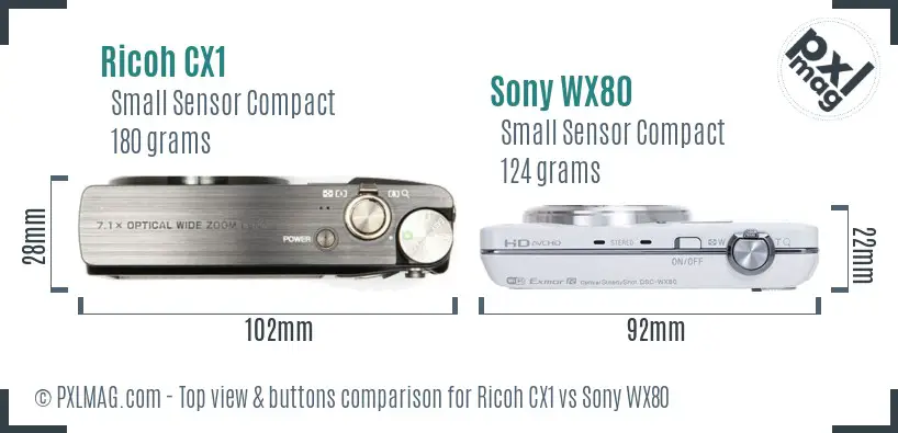 Ricoh CX1 vs Sony WX80 top view buttons comparison