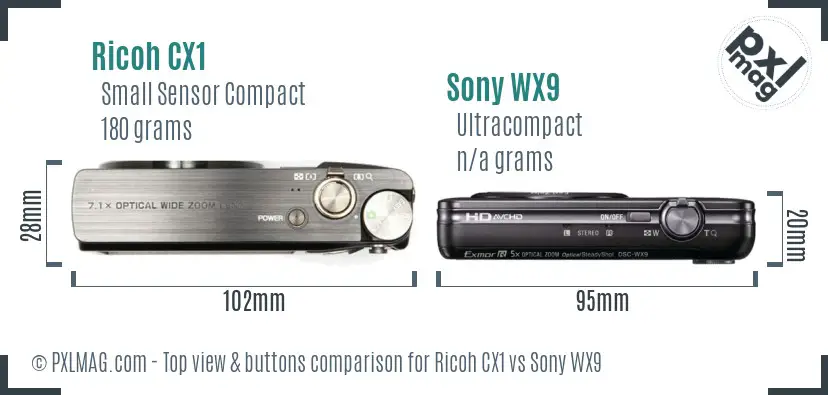 Ricoh CX1 vs Sony WX9 top view buttons comparison