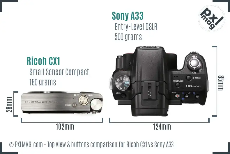 Ricoh CX1 vs Sony A33 top view buttons comparison