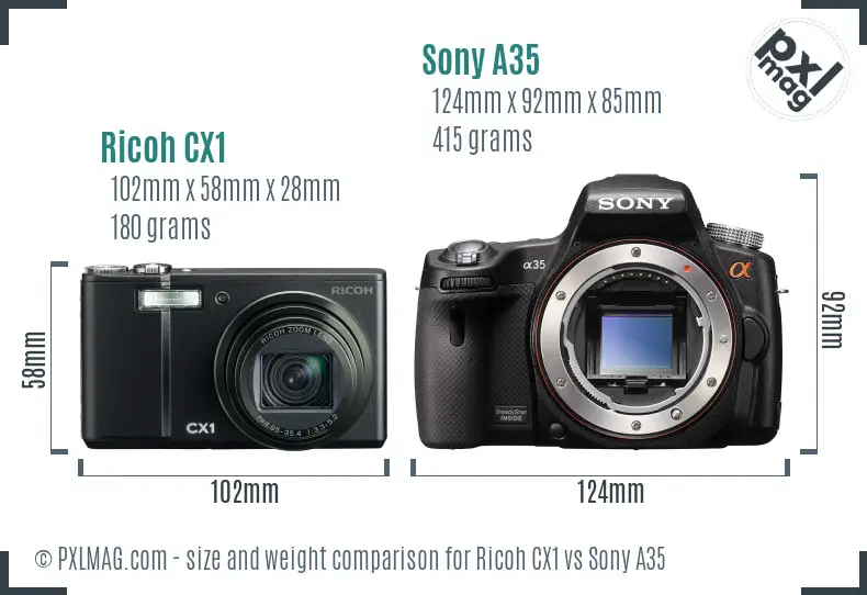 Ricoh CX1 vs Sony A35 size comparison