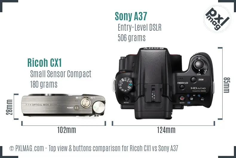 Ricoh CX1 vs Sony A37 top view buttons comparison