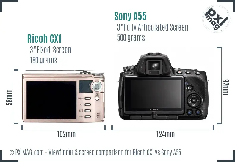 Ricoh CX1 vs Sony A55 Screen and Viewfinder comparison