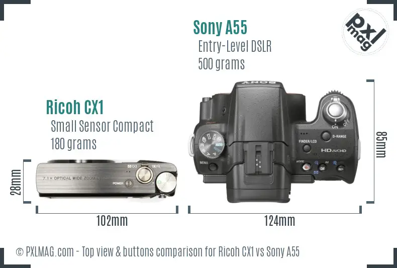 Ricoh CX1 vs Sony A55 top view buttons comparison