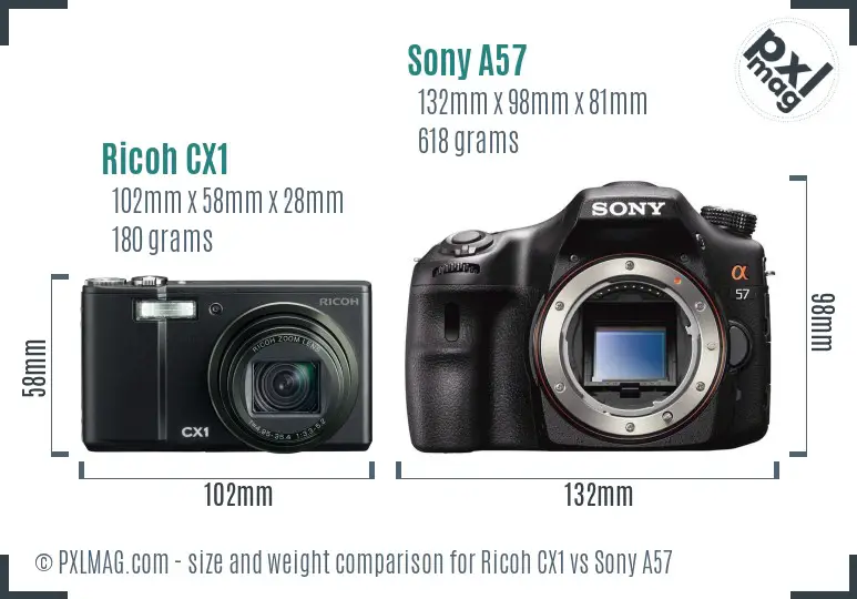 Ricoh CX1 vs Sony A57 size comparison