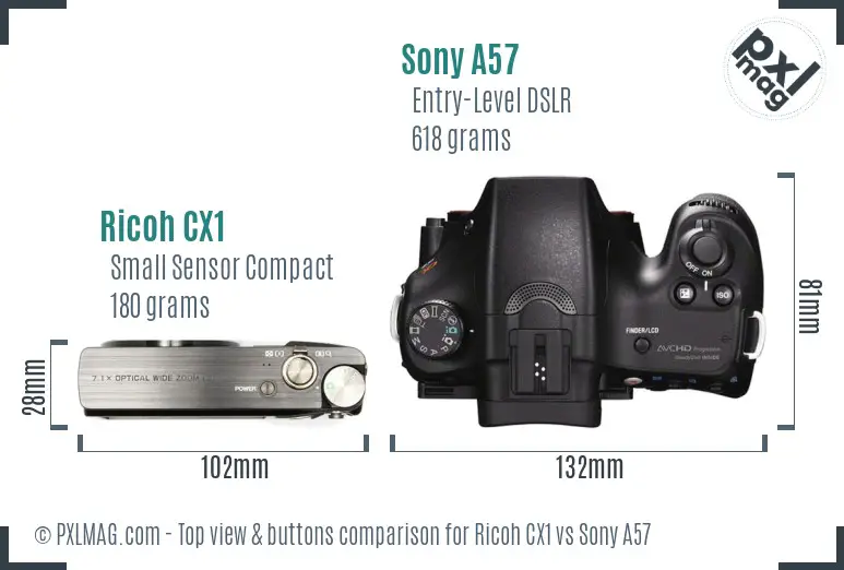 Ricoh CX1 vs Sony A57 top view buttons comparison