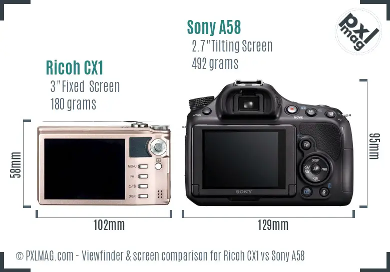 Ricoh CX1 vs Sony A58 Screen and Viewfinder comparison