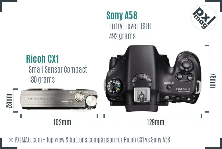 Ricoh CX1 vs Sony A58 top view buttons comparison