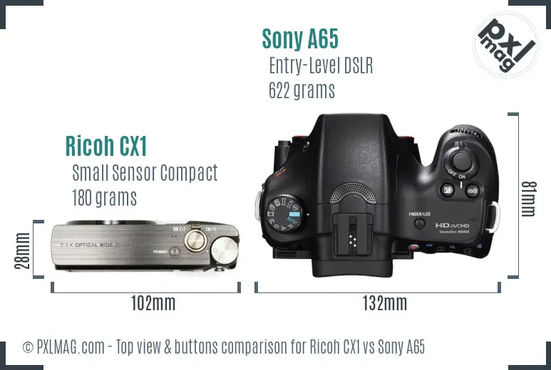 Ricoh CX1 vs Sony A65 top view buttons comparison