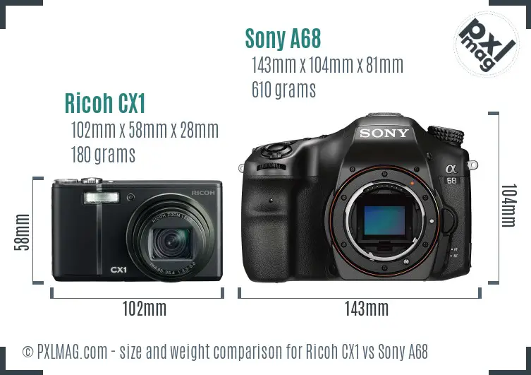Ricoh CX1 vs Sony A68 size comparison