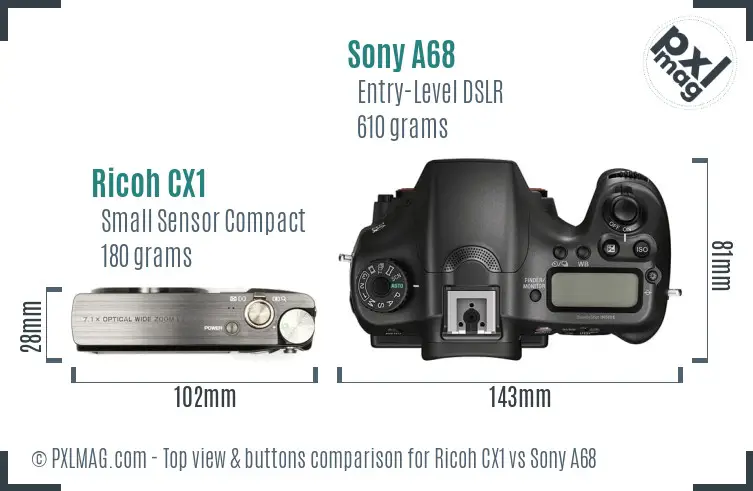 Ricoh CX1 vs Sony A68 top view buttons comparison