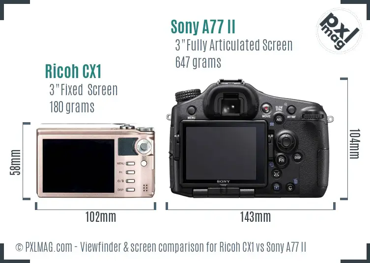 Ricoh CX1 vs Sony A77 II Screen and Viewfinder comparison