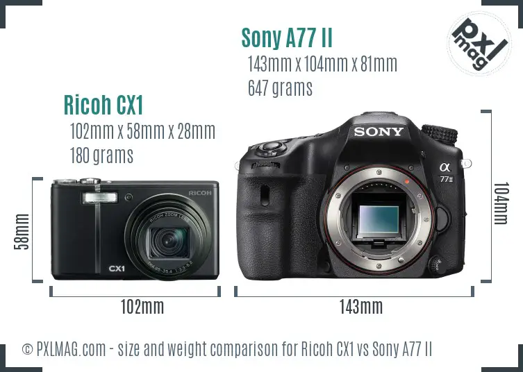 Ricoh CX1 vs Sony A77 II size comparison