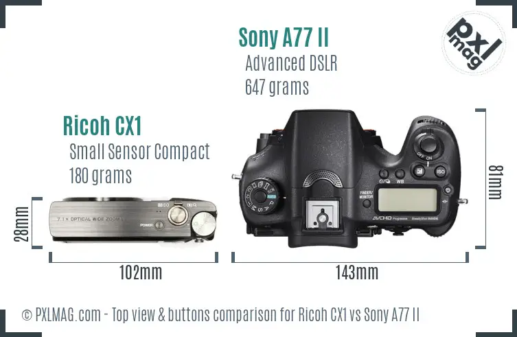 Ricoh CX1 vs Sony A77 II top view buttons comparison