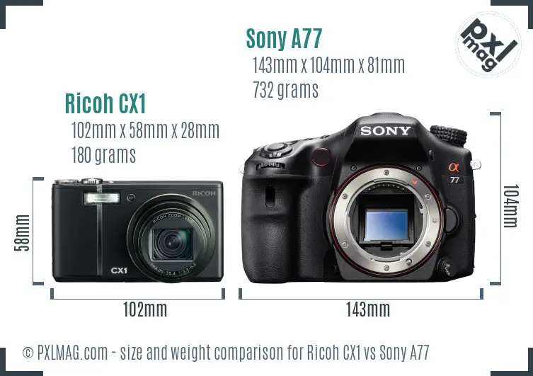 Ricoh CX1 vs Sony A77 size comparison