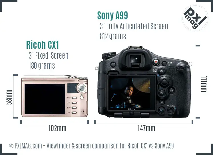 Ricoh CX1 vs Sony A99 Screen and Viewfinder comparison