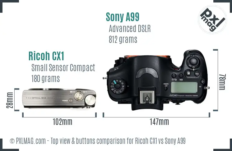 Ricoh CX1 vs Sony A99 top view buttons comparison