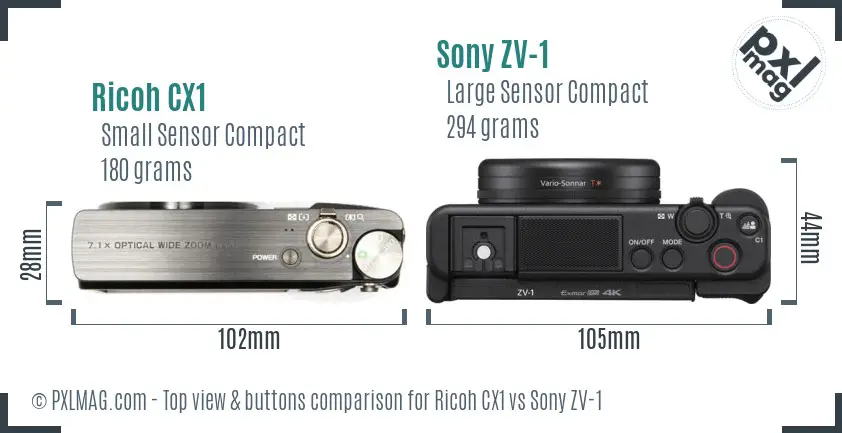 Ricoh CX1 vs Sony ZV-1 top view buttons comparison