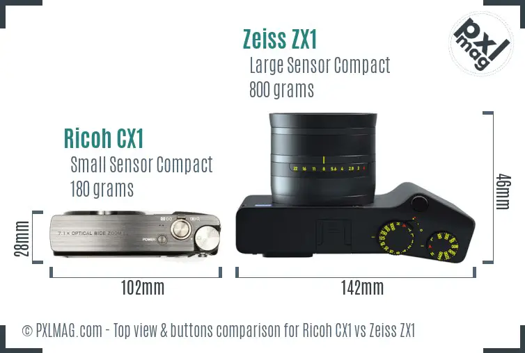 Ricoh CX1 vs Zeiss ZX1 top view buttons comparison