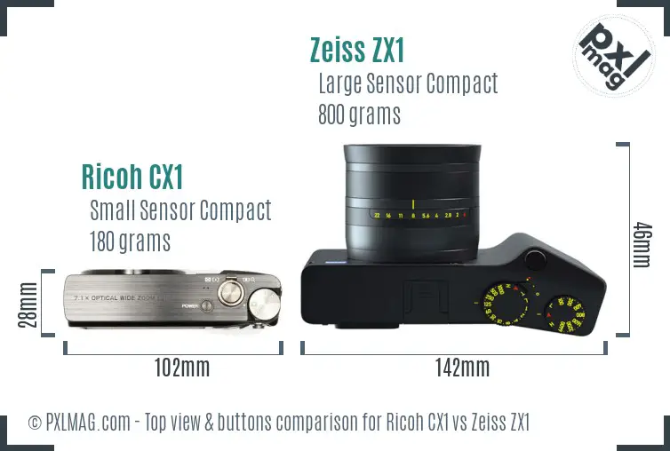 Ricoh CX1 vs Zeiss ZX1 top view buttons comparison Ricoh CX1 vs Zeiss ZX1 top view buttons comparison
