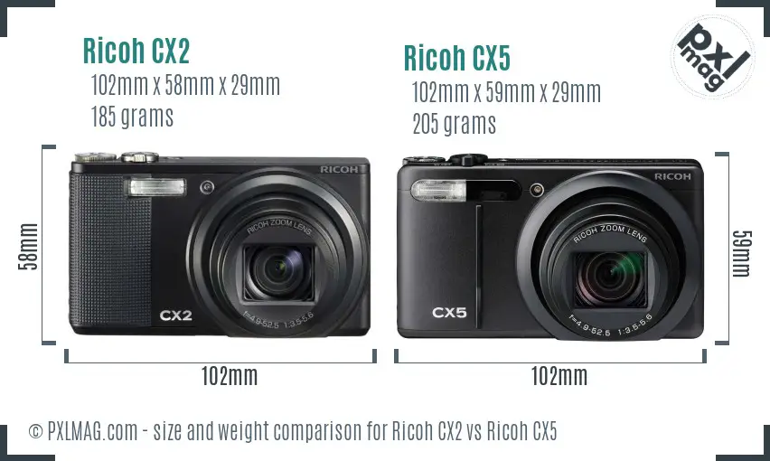 Ricoh CX2 vs Ricoh CX5 size comparison