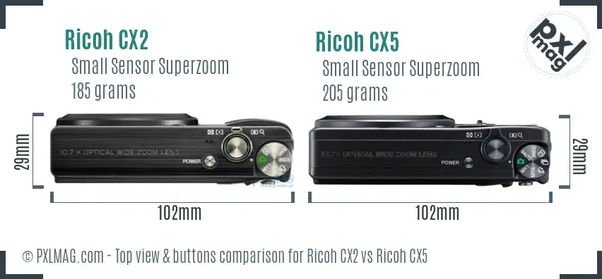 Ricoh CX2 vs Ricoh CX5 top view buttons comparison