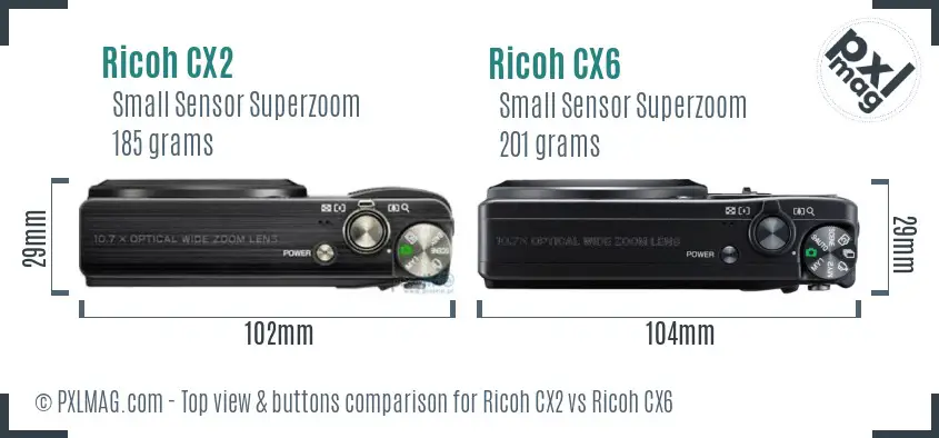 Ricoh CX2 vs Ricoh CX6 top view buttons comparison