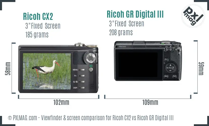 Ricoh CX2 vs Ricoh GR Digital III Screen and Viewfinder comparison