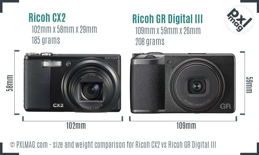 Ricoh CX2 vs Ricoh GR Digital III size comparison