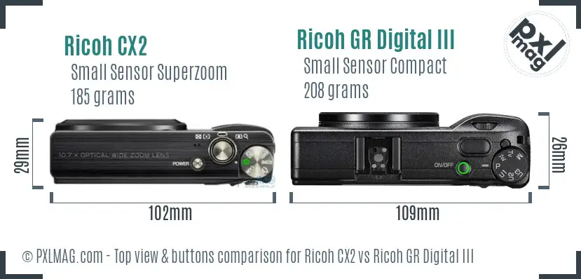 Ricoh CX2 vs Ricoh GR Digital III top view buttons comparison