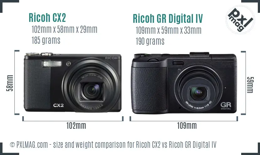 Ricoh CX2 vs Ricoh GR Digital IV size comparison
