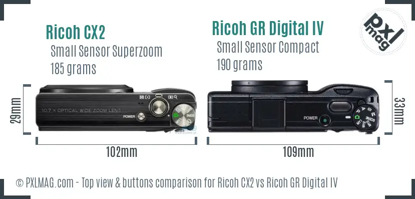 Ricoh CX2 vs Ricoh GR Digital IV top view buttons comparison