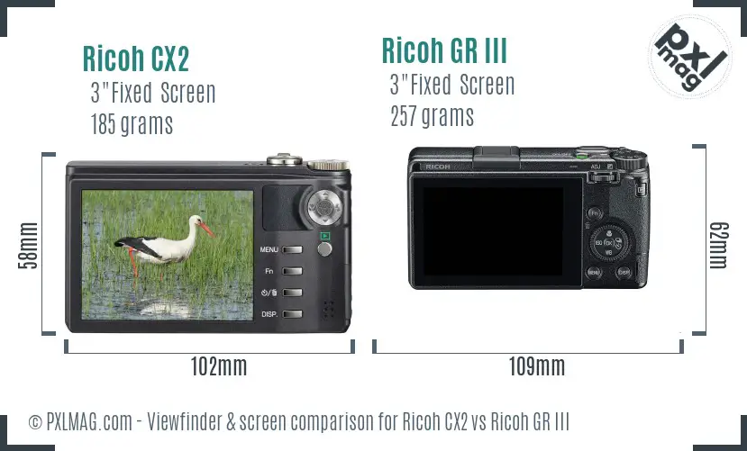 Ricoh CX2 vs Ricoh GR III Screen and Viewfinder comparison